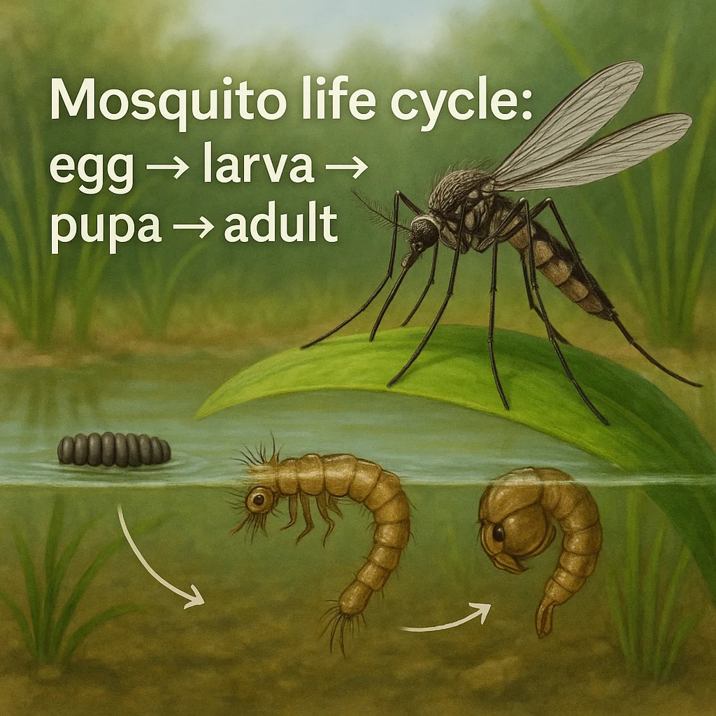 Mosquito life cycle: egg → larva → pupa → adult